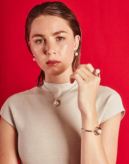 Steel Bangle Bracelet for Women with Organic Pearl, 12mm Round White Pearls, 18" Diameter, Petra Collection