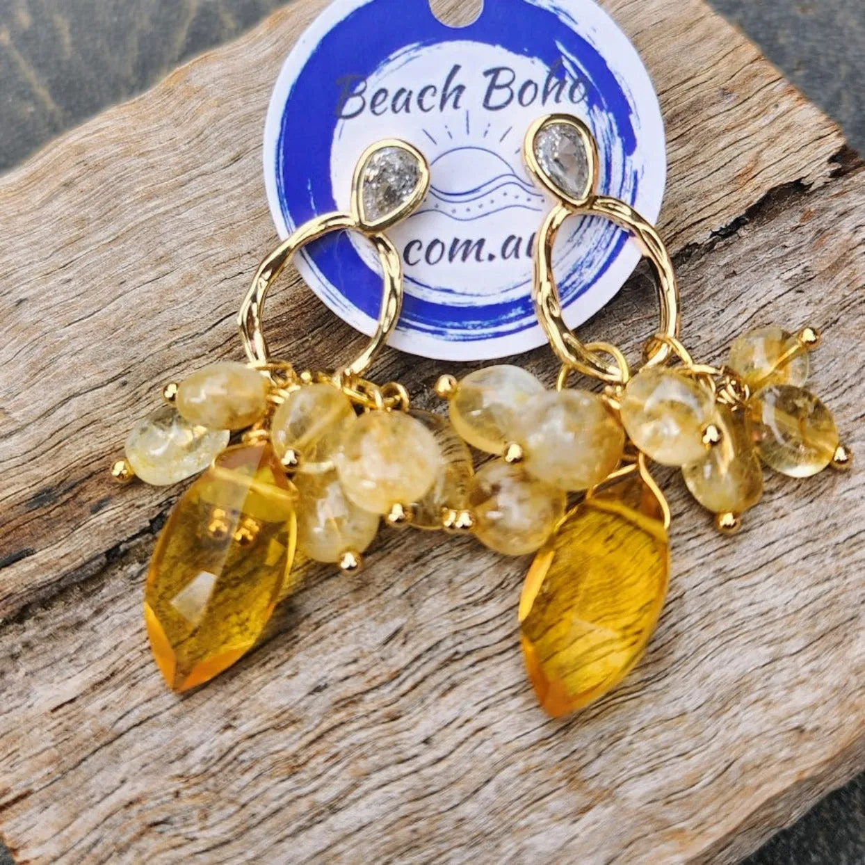SUN DROPS - CITRINE POLISHED STONE & CITRINE BEADED STUD EARRINGS