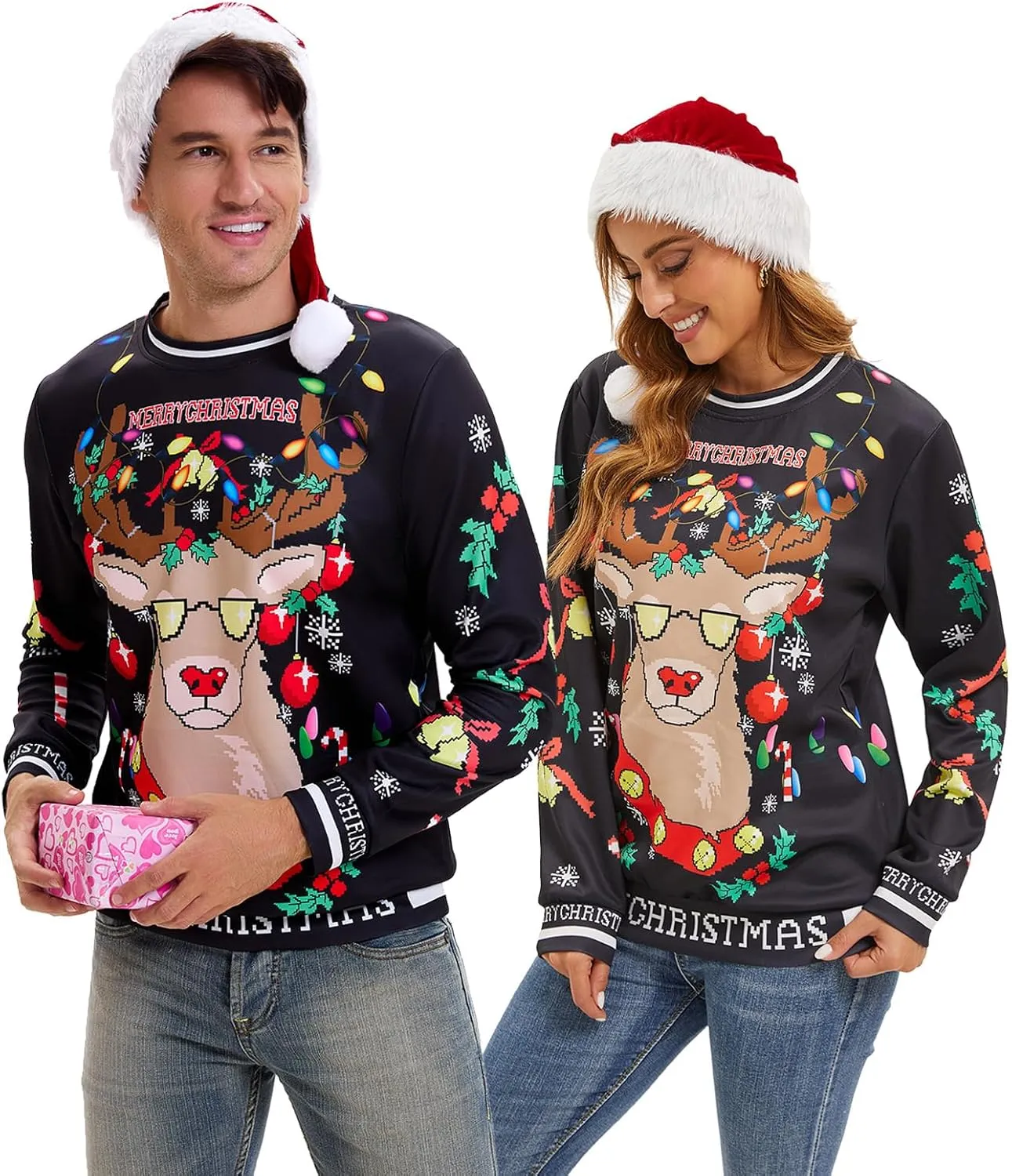 Ugly Christmas Sweater Women Men Novelty 3D Funny Pullover Crewneck Sweatshirt with Santa Hat for Party