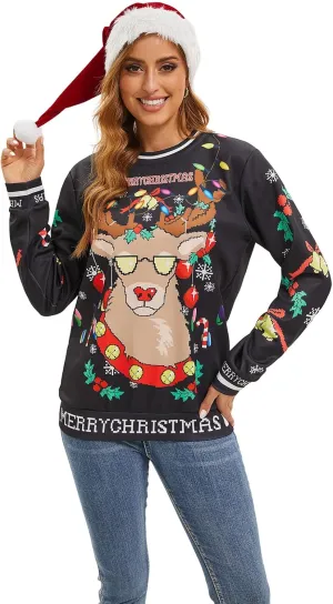 Ugly Christmas Sweater Women Men Novelty 3D Funny Pullover Crewneck Sweatshirt with Santa Hat for Party