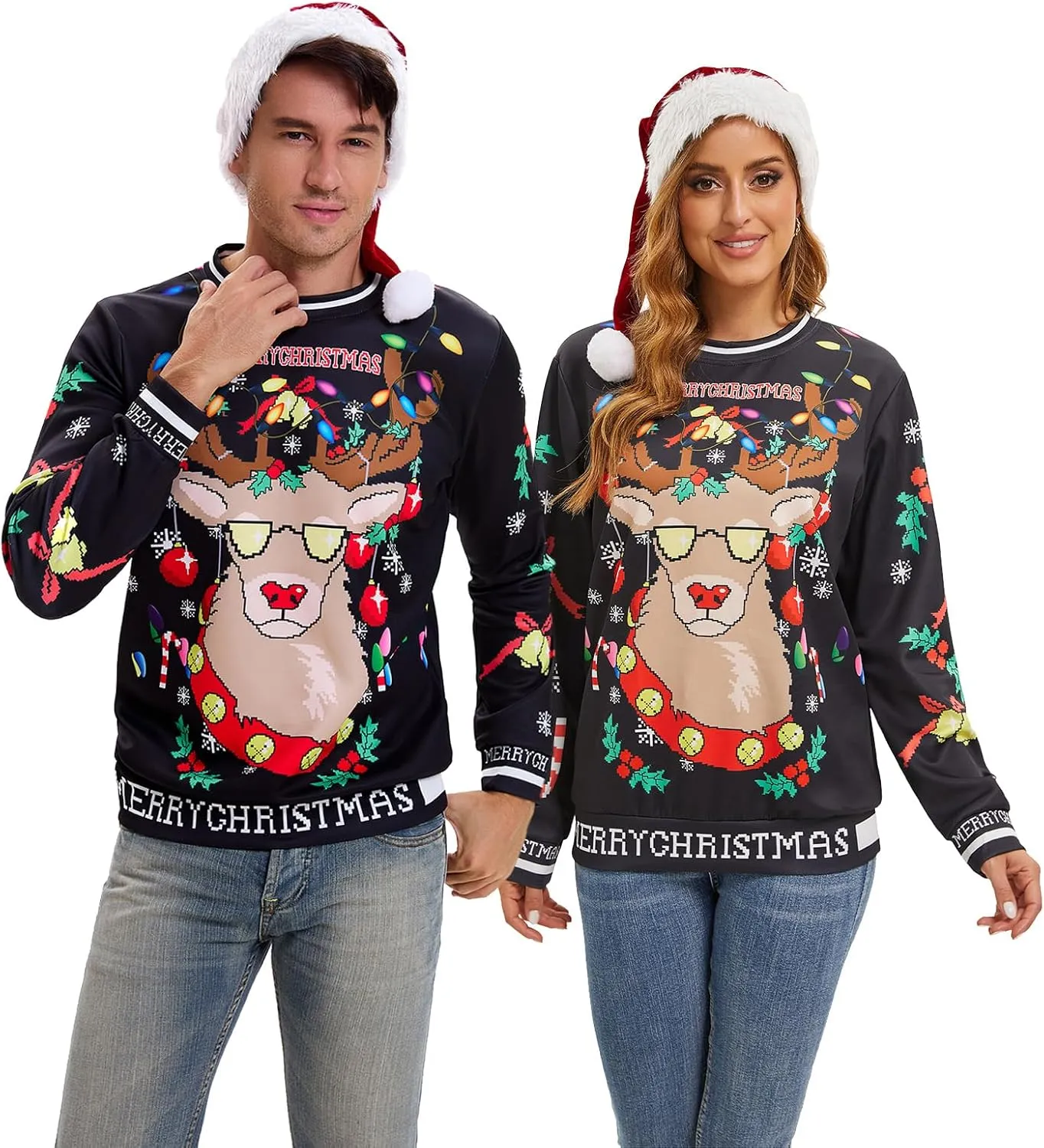 Ugly Christmas Sweater Women Men Novelty 3D Funny Pullover Crewneck Sweatshirt with Santa Hat for Party