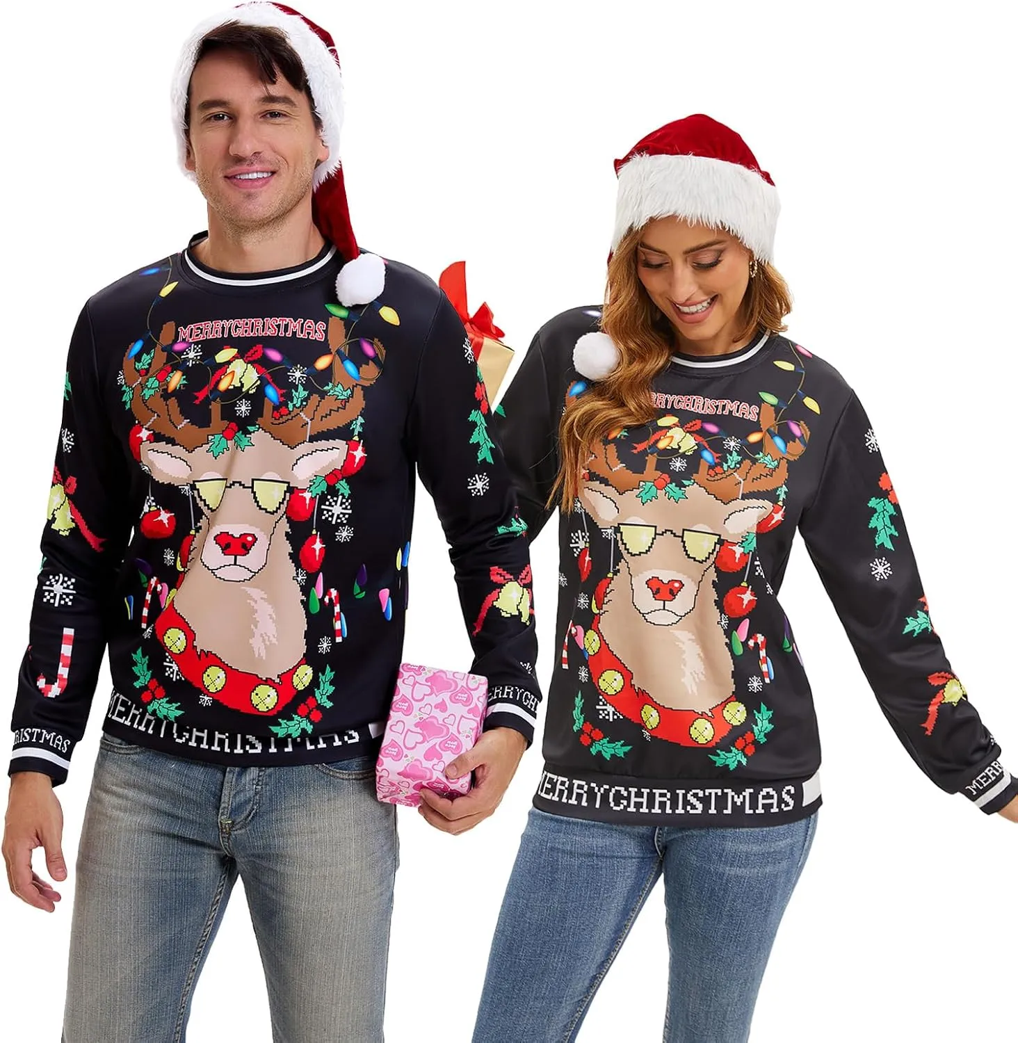 Ugly Christmas Sweater Women Men Novelty 3D Funny Pullover Crewneck Sweatshirt with Santa Hat for Party