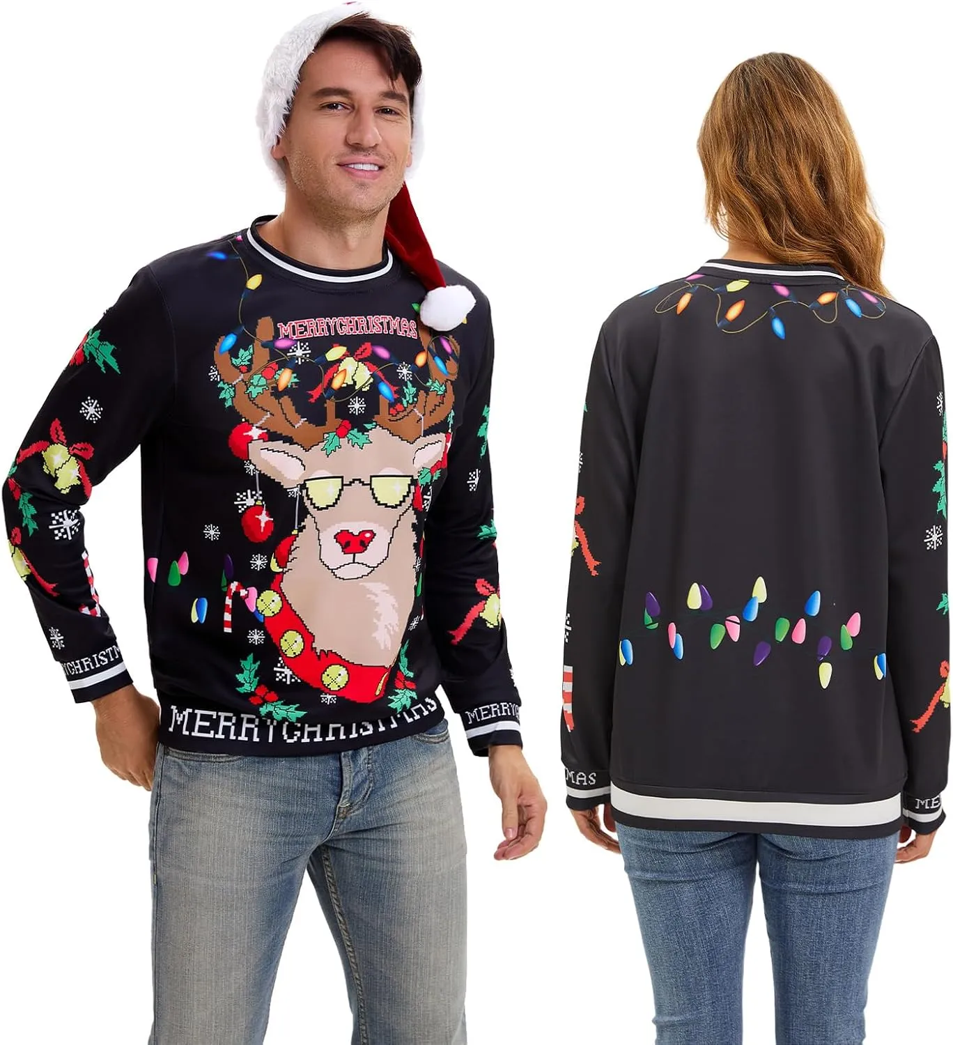 Ugly Christmas Sweater Women Men Novelty 3D Funny Pullover Crewneck Sweatshirt with Santa Hat for Party