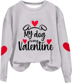 Valentines Day Shirts Women Love Heart Print Graphic Tees My Dog is My Valentine Long Sleeve Tops Dressy Casual