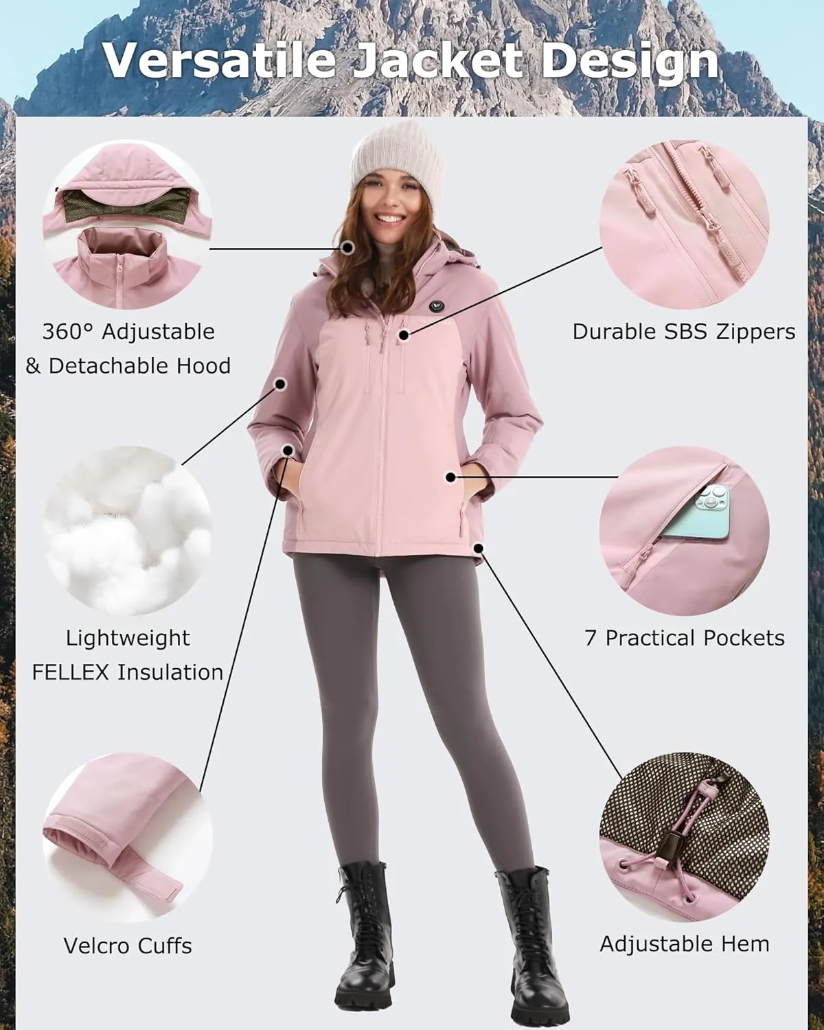 Venustas Lightweight Women's Heated Jacket with 12V Battery, Versatile Softshell Coat, Heated Clothing for Hiking Skiing