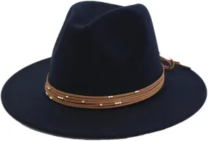 Women's Vintage Wide Brim Jazz Fedora Hats Wide Brim Fedora Hat Panama Cap Party Wedding Church Caps Navy 56to58cm
