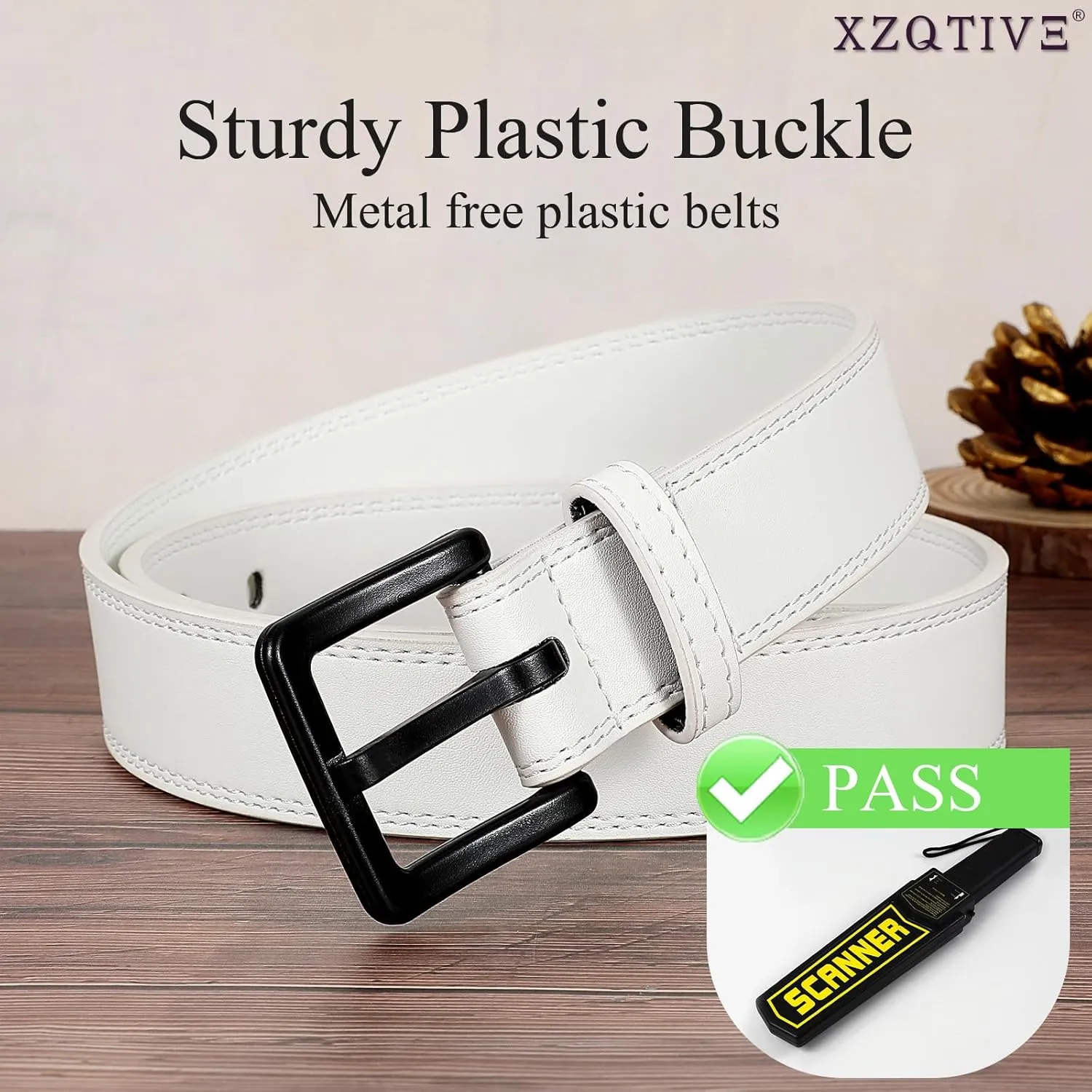 XZQTIVE Mens Metal Free Belt Hypoallergenic Leather Belts For Jeans Dress Nickle Free TSA Belt With Black Buckle