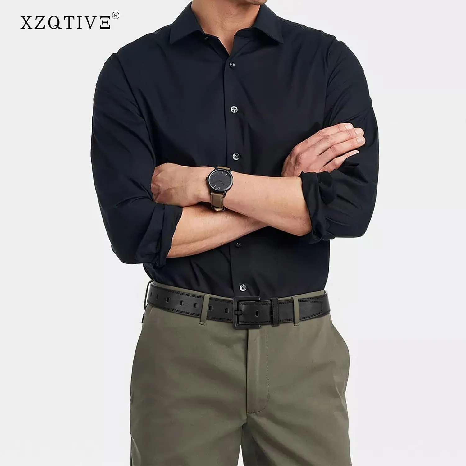 XZQTIVE Mens Metal Free Belt Hypoallergenic Leather Belts For Jeans Dress Nickle Free TSA Belt With Black Buckle