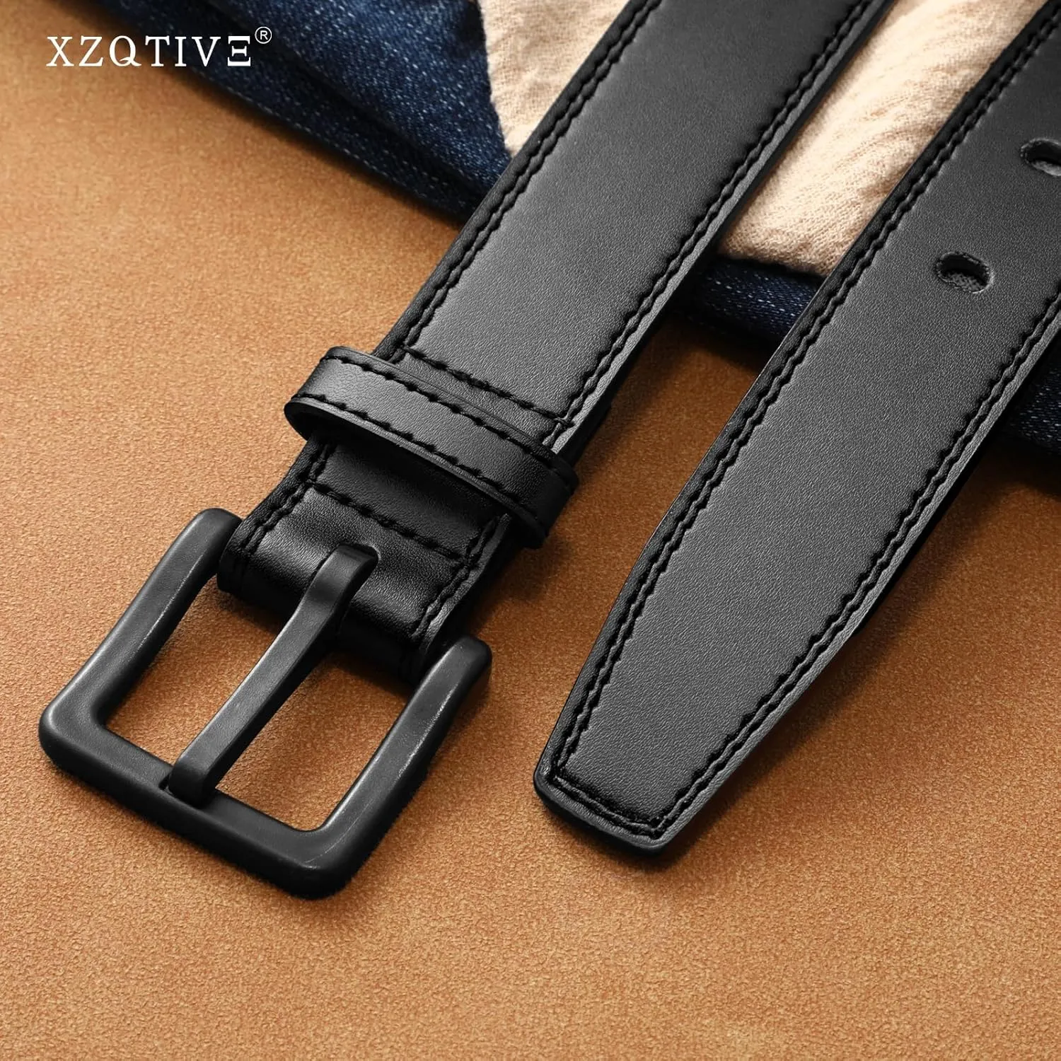 XZQTIVE Mens Metal Free Belt Hypoallergenic Leather Belts For Jeans Dress Nickle Free TSA Belt With Black Buckle