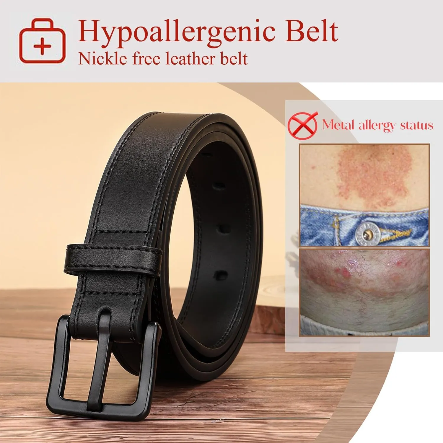 XZQTIVE Mens Metal Free Belt Hypoallergenic Leather Belts For Jeans Dress Nickle Free TSA Belt With Black Buckle